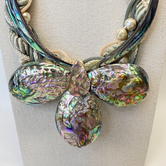 Abalone & Pearl‎ Corded Statement Necklace Natural Coastal Handmade Art to Wear - Picture 2 of 16
